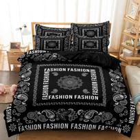 3Pcs Black White Paisley Fashion Letter Print Duvet Cover Set, Vintage Square Floral Text Print Bedding,Multiple Sizes Available 135x200cm(53x79inch)&set