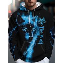 Men's Hooded Sweatshirt Trendy Wolf Head Print Drawstring Design Loose Casual Long-sleeved Top 6XL blue