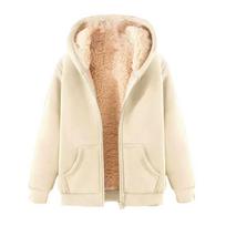 Fleece Sutirštinti Džemperiai Moterims Vientisos Spalvos Užsegami Šilti Pamušalu Terminiai Džemperiai su Kišenėmis Rudens Žiemos Gobtuvu Paltai Šaltam Orui 2XL beige