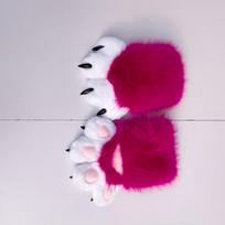 Furry Cat Paw Gloves With Claws Squeaker Sound Cosplay Costume Adult Use Claw Style Squeaky - Rose-Red Pink Paw Pad