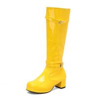 Belt Buckle Patent Leather Women'S Boots Round Head Tall Knight Boots Thick Mid-Heel Boots 40-50 Large Size Boots 37 yellow