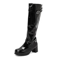 Belt Buckle Patent Leather Women'S Boots Round Head Tall Knight Boots Thick Mid-Heel Boots 40-50 Large Size Boots 39 black