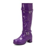 Belt Buckle Patent Leather Women'S Boots Round Head Tall Knight Boots Thick Mid-Heel Boots 40-50 Large Size Boots 35 blue