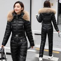 Women's big fur collar one-piece ski cotton-padded jacket, bright-faced thickened cotton-padded outdoor winter jacket, multi-color mixed batch XXL