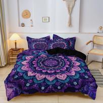 3Pcs Bohemian Purple Mandala Print Duvet Cover, Dark Teal Pink Floral Feather Mandala Printed Bedding, Multiple Sizes Available EU Single 135*200cm/53x79in 3pcs