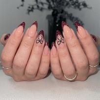 24 PCS Burgundy French Tip Press On Nails with Black Bow Design, Glossy Almond Fake Nails, Red Glitter Reusable Stick On Nails for Women, Full Cover beige