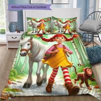 Pippi Longstocking Bedding Set 3 Pieces Duvet Cover and Pillowcases, Kids Bedroom Decor Soft Bed Linen, No Comforter 135x200cm