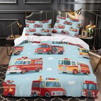 3D Printed Firetruck Quilt Cover, Soft Microfiber Duvet Cover with Hidden Zipper and Pillowcase, Breathable, Machine Washable 90x200cm 2pcs&Duvet Cover