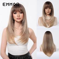 Hot Selling Qi Bangs Layer Medium Long Straight Hair Highlights Brown Fashion Wig Full Head Hairstyle Factory Direct Sales beige
