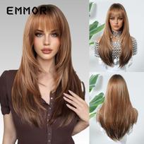 Hot Selling Qi Bangs Layer Medium Long Straight Hair Highlights Brown Fashion Wig Full Head Hairstyle Factory Direct Sales brown