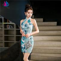 Sexy neck-hanging national style floral new Chinese-style improved cheongsam dress women's hip-wrapping split ends slim and slim skirt 5XL gray