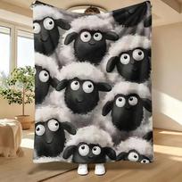 1pc Cute Sheep Pattern Fleece Throw Blanket, Black And White Cartoon Design, Warm Home Decor Gift, Multi-Purpose Warm Cover Blanket 125X150CM
