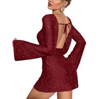 Women's Fashion Sexy Sparkly Backless Lace-up Dress Long Sleeve Sparkly Tight Party Club Dress S