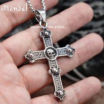 Mens Stainless Steel Gothic Biker Skull Punk Cross Pendant Necklace Men Gift 25" chain gray