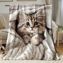 Adorable Big Eyes Kitty Flannel Blanket Warm Knit Background Pet Cat Throw Blanket Lovely Animal Blanket Gift for Kitten Fans 150X200CM