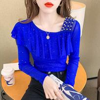 Summer Femme Clothes Mesh T-Shirt Women Chic Sexy Off Shoulder TShirt Shiny Diamonds Tees Ruffles Patchwork Short Sleeve Top Xl blue