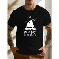 Mein Boot Meine Regeln  German Crinkle Design, Casual Black Short Sleeve Tee with White Sailboat & Bird Graphic, Breathable Summer Fabric 4XL