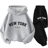 New York American Letter Print Children Hooded Sweatshirt Pants Two-piece Set Boy Girl Autumn Winter Daily Loose Warm 160 gray