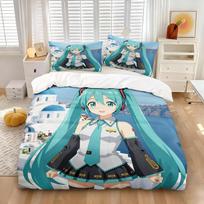 Hatsune Miku Santorini Scenery Duvet Cover Set Cute Anime Bedding with 1-2 Pillowcases Gaming Room Teens Bedroom Decor Fans Gift EU Single 135*200cm/53x79in 3pcs