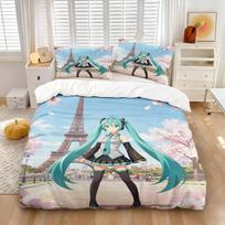 Hatsune Miku Santorini Scenery Duvet Cover Set Cute Anime Bedding with 1-2 Pillowcases Gaming Room Teens Bedroom Decor Fans Gift 140*200cm/55x79in Single/Twin 3pcs