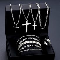10Pcs/Set Cross Necklace Bracelet Ring Sets For Men Stainless Steel Silver Color Versatile Zircon Jewelry Set Fashion Party Gift black
