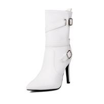 Women's Cross-Strap Leather High-Heeled Boots with Buckle & Zipper, Adjustable Fit in Sizes 34-48 36 white