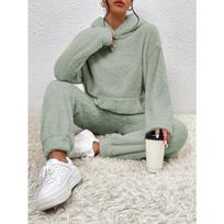 Women's Solid Color Fuzzy Fleece Hoodie Long Sleeve Pocket Top Elastic Waist Long Pants Loungewear Two Piece Set XL gray