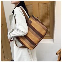 Big bag, women's new striped canvas bag, commuting tote bag, trendy single shoulder crossbody bag, versatile mommy bag