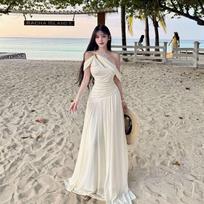 French white dress female summer pure desire sexy fairy fluttering high sense seaside vacation beach long skirt XL gray
