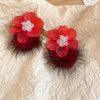 Silver Needle Pompon Acrylic Glass Flower Stud Earrings - Retro, Exaggerated, Unique High-End Sense Earrings red