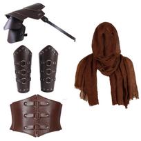 Elegantiškas 3 dalių Renesanso Vikingų kostiumų rinkinys su retro PU odos petnešomis black