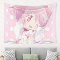 Anime Tapestry with Puella Magi Madoka Magica Madoka Kaname Kyubey White Polka Dots for Bedroom Tapestry Living Room Tapestry 74x94cm(29x37in) pink
