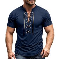Men's Short Sleeve Shirt Vintage V-Neck Lace-Up Casual Color Summer Top L black