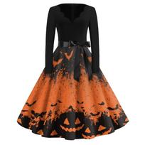 Women's Vintage V-Neck Dress with Halloween Print for Casual Wear and Parties XL black