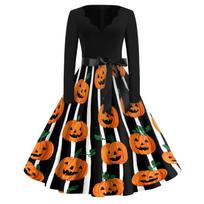 Women's Vintage V-Neck Dress with Halloween Print for Casual Wear and Parties L balta