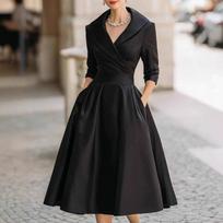 Elegantiška satininė suknelė ilgomis rankovėmis ir diržu - Virusinis stilius L black