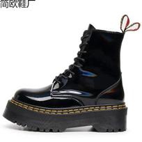 Laser thick-bottomed hole locomotive boots, side zipper British women's short boots, muffin bottom 47 black