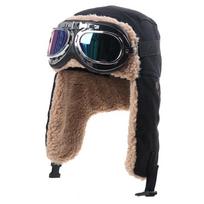 Unisex Retro Aviator Hat With Goggles Warm Fleece Ear Protection Winter Outdoor Riding Cap Black Frame with Colored Lens black