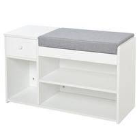 Wooden Shoe Bench with Cushion, Drawer and 3 Open Compartments, 81x31.5x49 cm, White