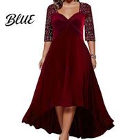 Solid Color Dress Women Prom Party Low-cut V Neck Plus Size Big Hem A-line Half Sleeve XL black