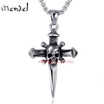 Mens Stainless Steel Gothic Biker Skull Cross Pendant Necklace For Men gray