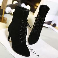 Womens Low-Cut Ankle Boots With Lace-Up Front Pointed Toe Chunky Heel Faux Leather Winter Warm Lined Riding 36 black
