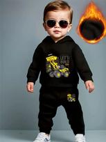 Boys' Fleece-Lined Hoodie Tracksuit Set, Construction Loader  LET'S BUILD  Print, Stylish Casual Sporty Two-Piece Outfit 110 gray