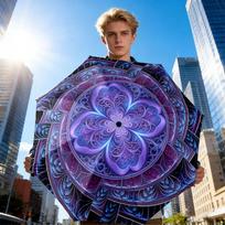 Bohemian Round Purple Ornate Mandala Purple Graphic Print Umbrella nan blue