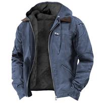 Fleece Lined Hooded Cotton Jacket Men Solid Zip Up Casual Outer Coat With Pockets L black