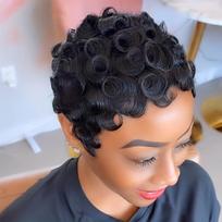 4 Inch Pixie Cut Human Hair Wig Short Curly Voluminous Waves Dark Brown Black Comfortable No Maintenance for Women 4inches&180% black