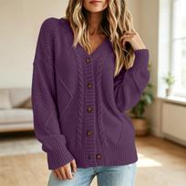Women's Color Long Sleeve V-Neck Buttoned Cable Knit Cardigan Sweater S beige