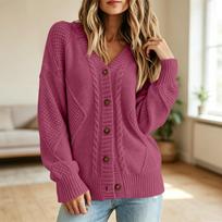 Women's Color Long Sleeve V-Neck Buttoned Cable Knit Cardigan Sweater M beige