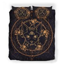 Wiccan Occult Black Cat Duvet Cover Set,Gothic Black Cat Bedding Sets Mysterious Sun and Moon Comforter Cover Queen Size 70x133cm