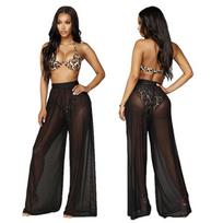 Women's Sexy Boho Mesh Sheer Pants Cover Up For Beach Pool Parties XL brown